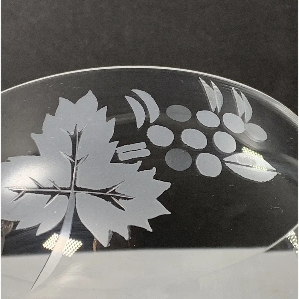 Pasabahce Bowl Clear Crystal Etched Grape Leaf Vine Pedestal Dessert Dish Footed